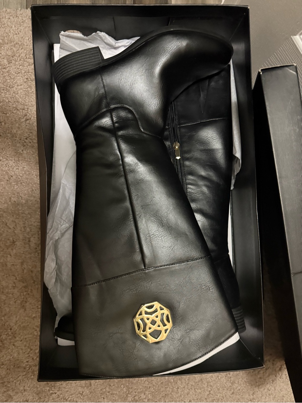 Michael Shannon Black Heeled Boots with Gold Medallion